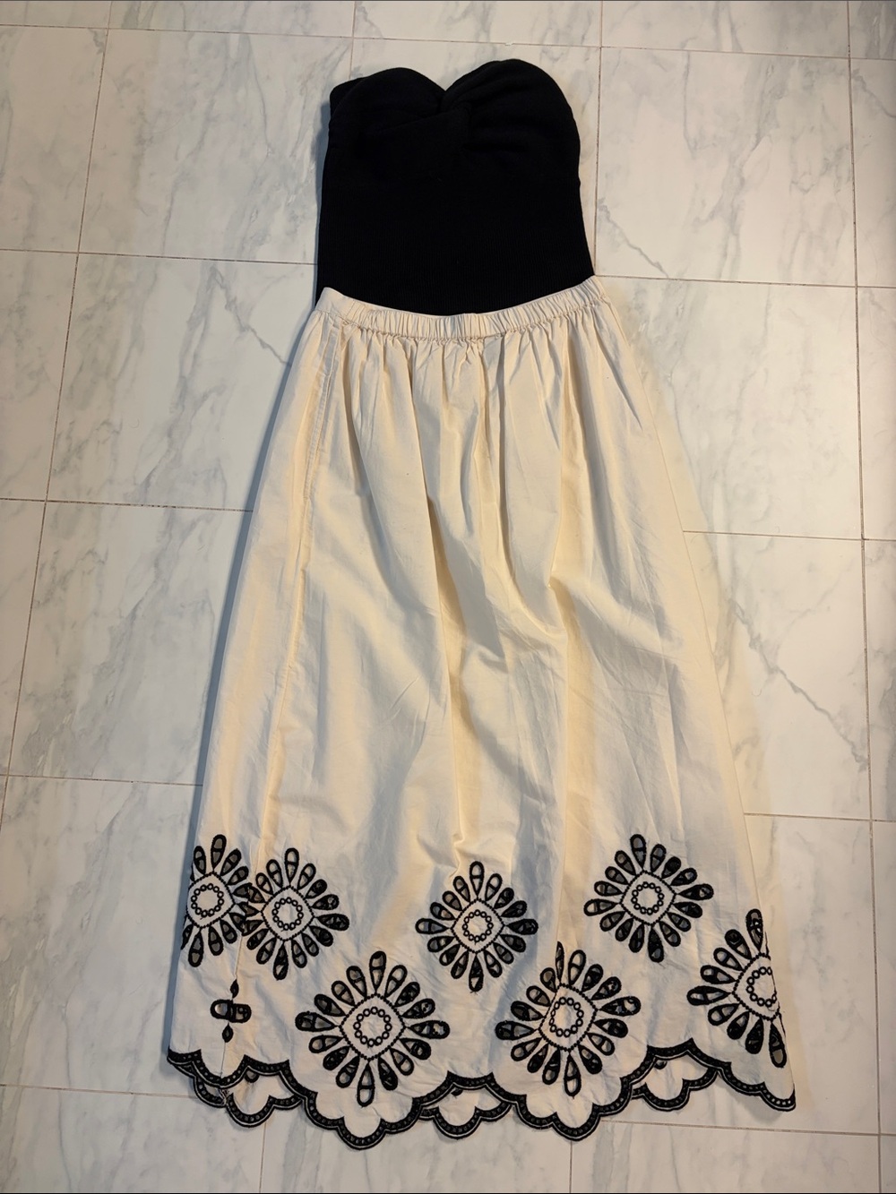 Strapless Black & Cream Embroidered Maxi Skirt